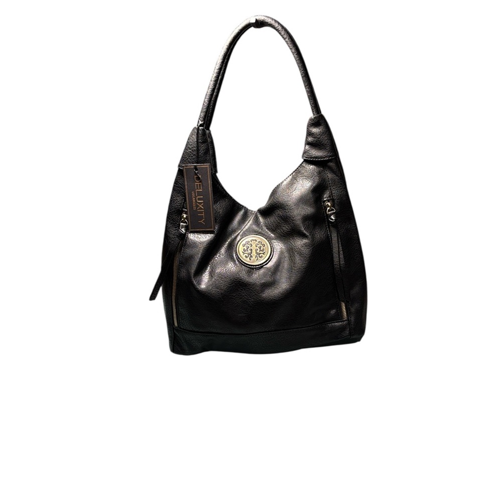 Deluxity Los Angeles Black Vegan Leather Hobo Bag - Gold Tree Logo - Multi-Zip